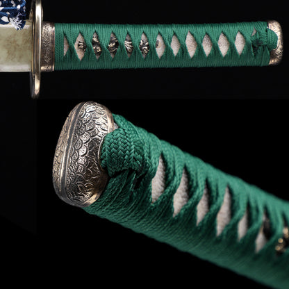 Twisted Damascus Steel Katana, Marble Wood Grain Lacquer Saya