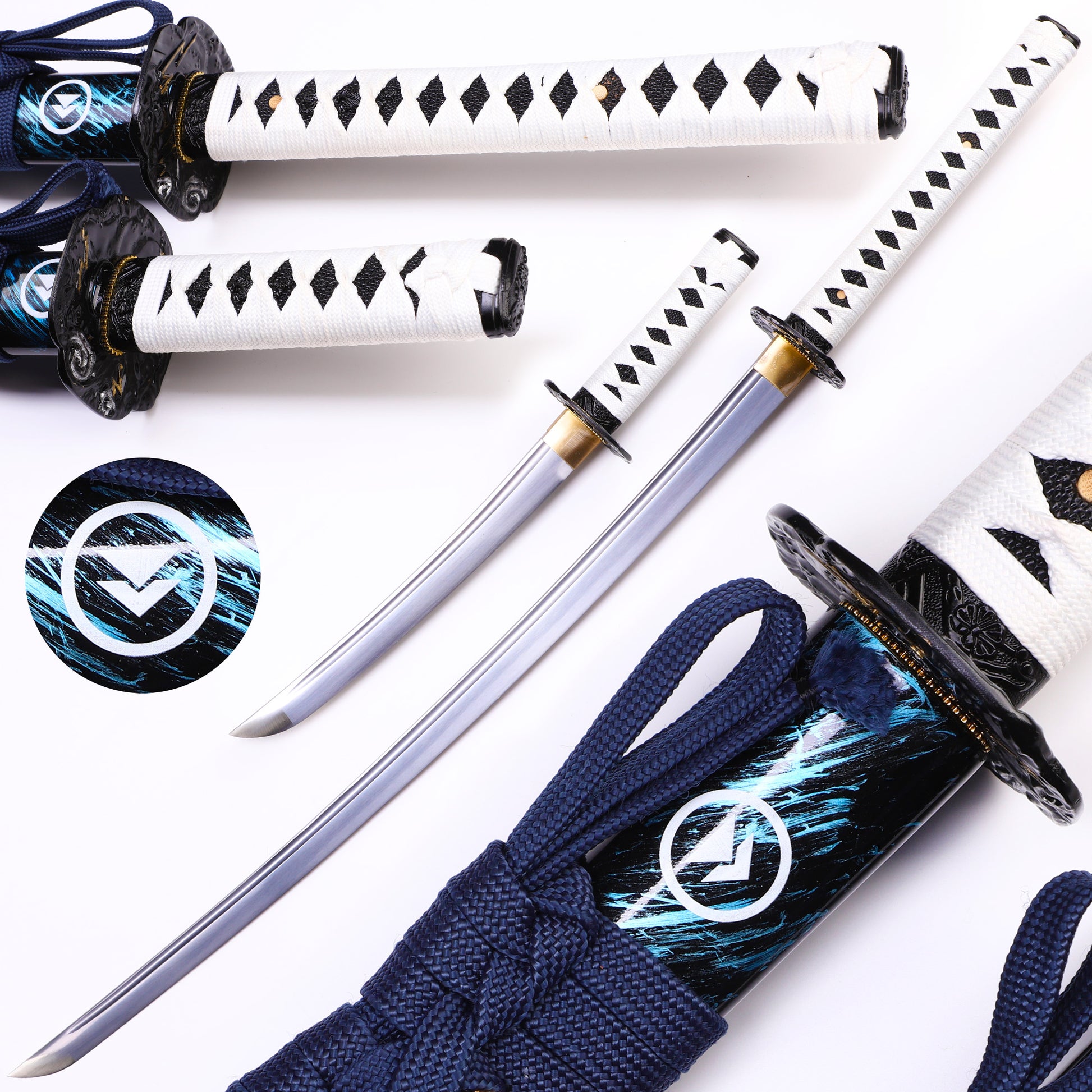 White handle blue flame samurai sword Short full knife display