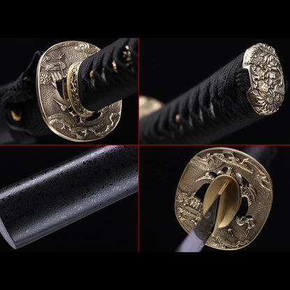 Damascus Steel Hand-Forged Katana with Black Grain Saya & Copper Fittings
