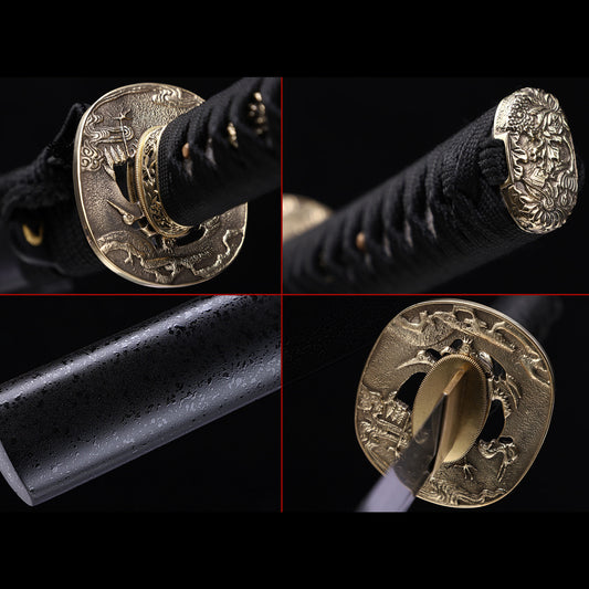 Damascus Steel Hand-Forged Katana with Black Grain Saya & Copper Fittings