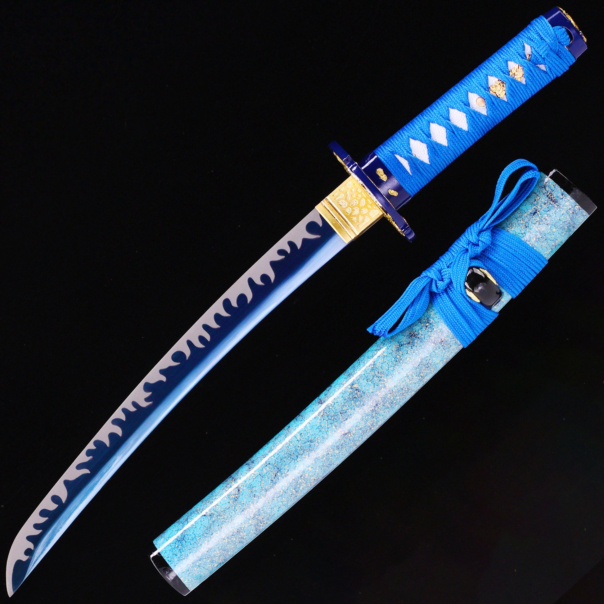 Blue blade wave pattern tanto full length view - Japanese short blade full tang
