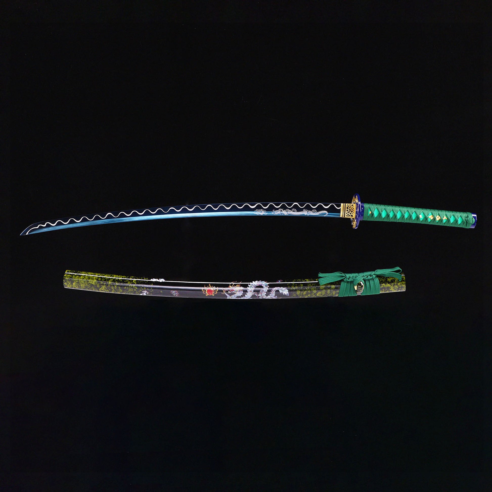 Blue Green Dragon katana lifestyle display - full sword with saya scabbard