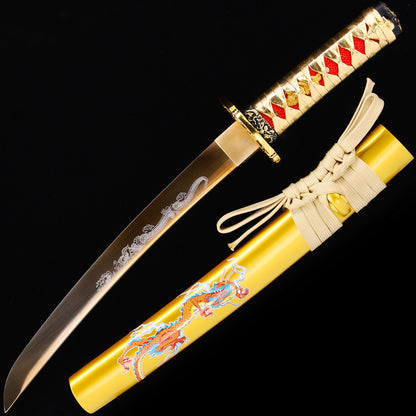 Gold handle saya tanto side profile - full tang steel blade gold lacquer scabbard