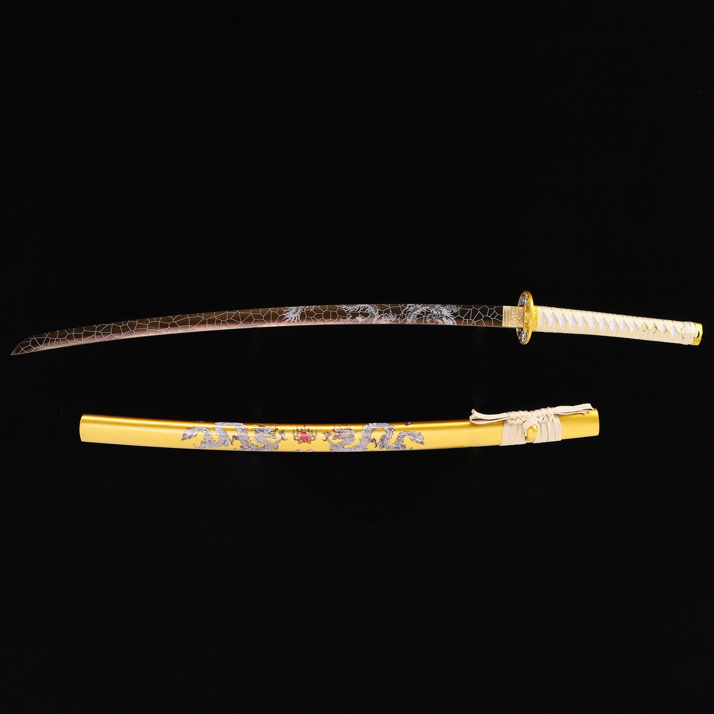 Golden Dragon katana with saya scabbard - full set view
