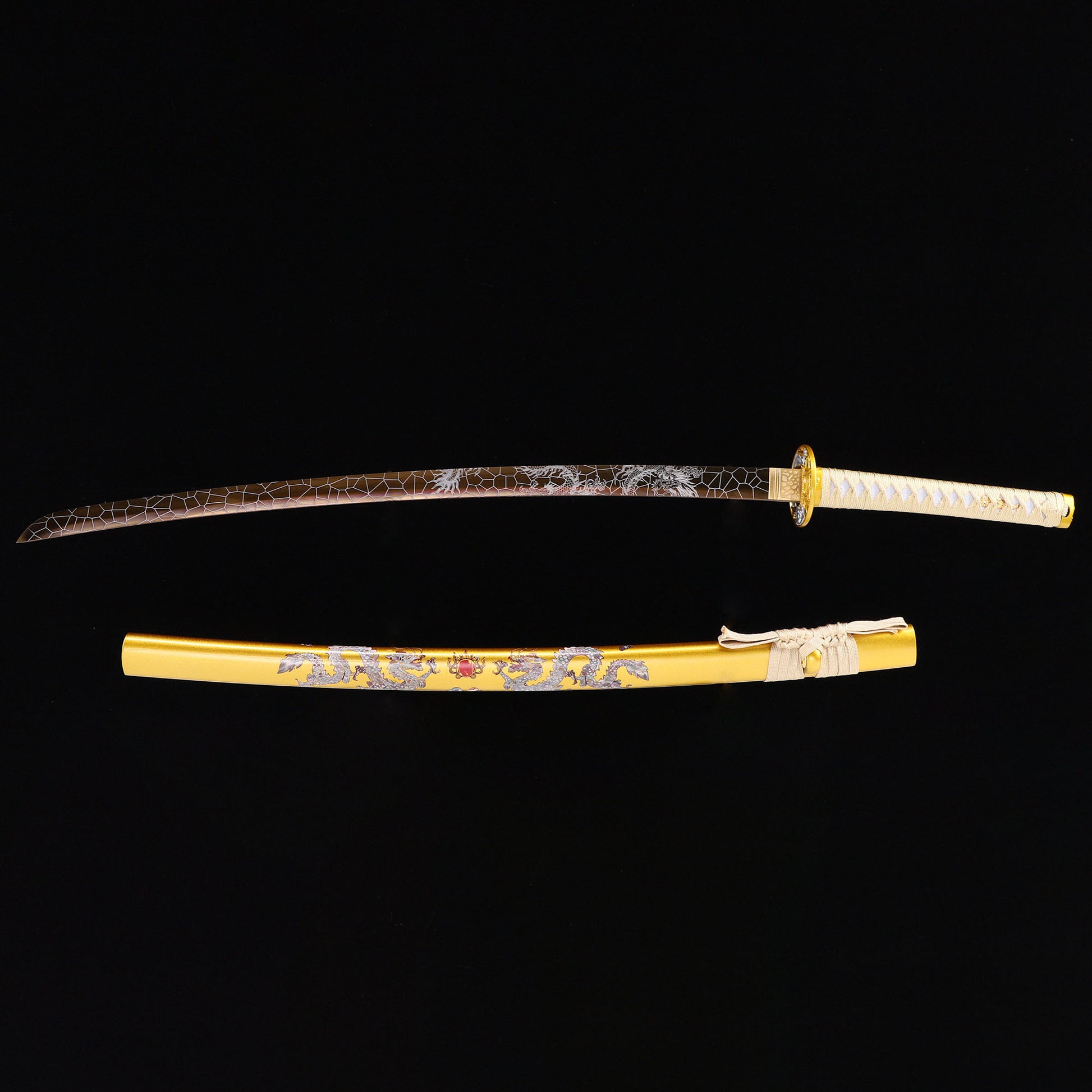 Golden Dragon katana with saya scabbard - full set view