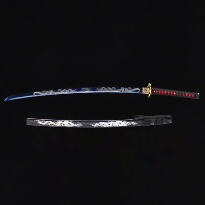 Blue Black Dragon katana with saya scabbard - full set view