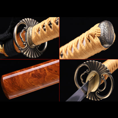 Damascus Steel Engraved Blade Katana, Burl Wood Grain Lacquer Saya