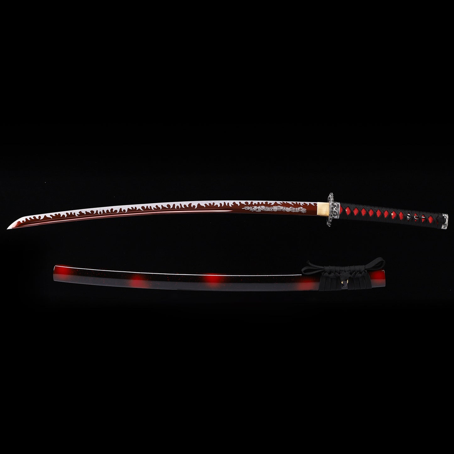Dark Red Dragon katana with saya scabbard - full set view