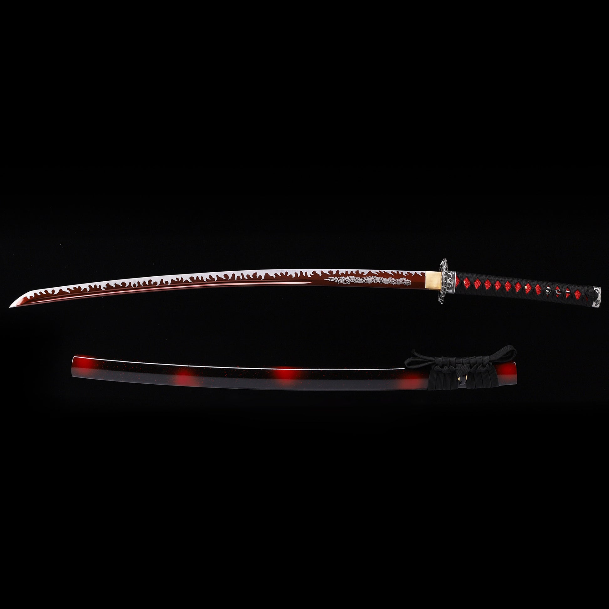 Dark Red Dragon katana with saya scabbard - full set view