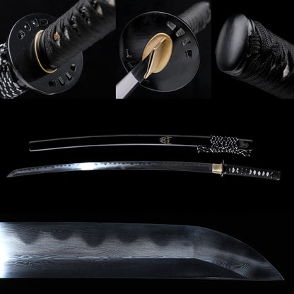 Damascus Steel Clay Tempered Katana, Gloss Black Lacquer Saya