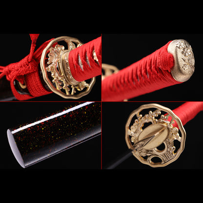 Hand-Forged Damascus Steel Katana with Hammered Blade, Red Handle & Black Saya