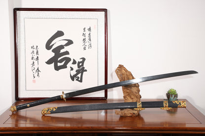 Full Wrapped Black Ray Skin Hollow Gilded Dragon Gem Inlaid Brass Fittings Sword