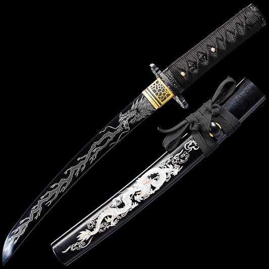 Black Tanto with Silver Dragon Etching