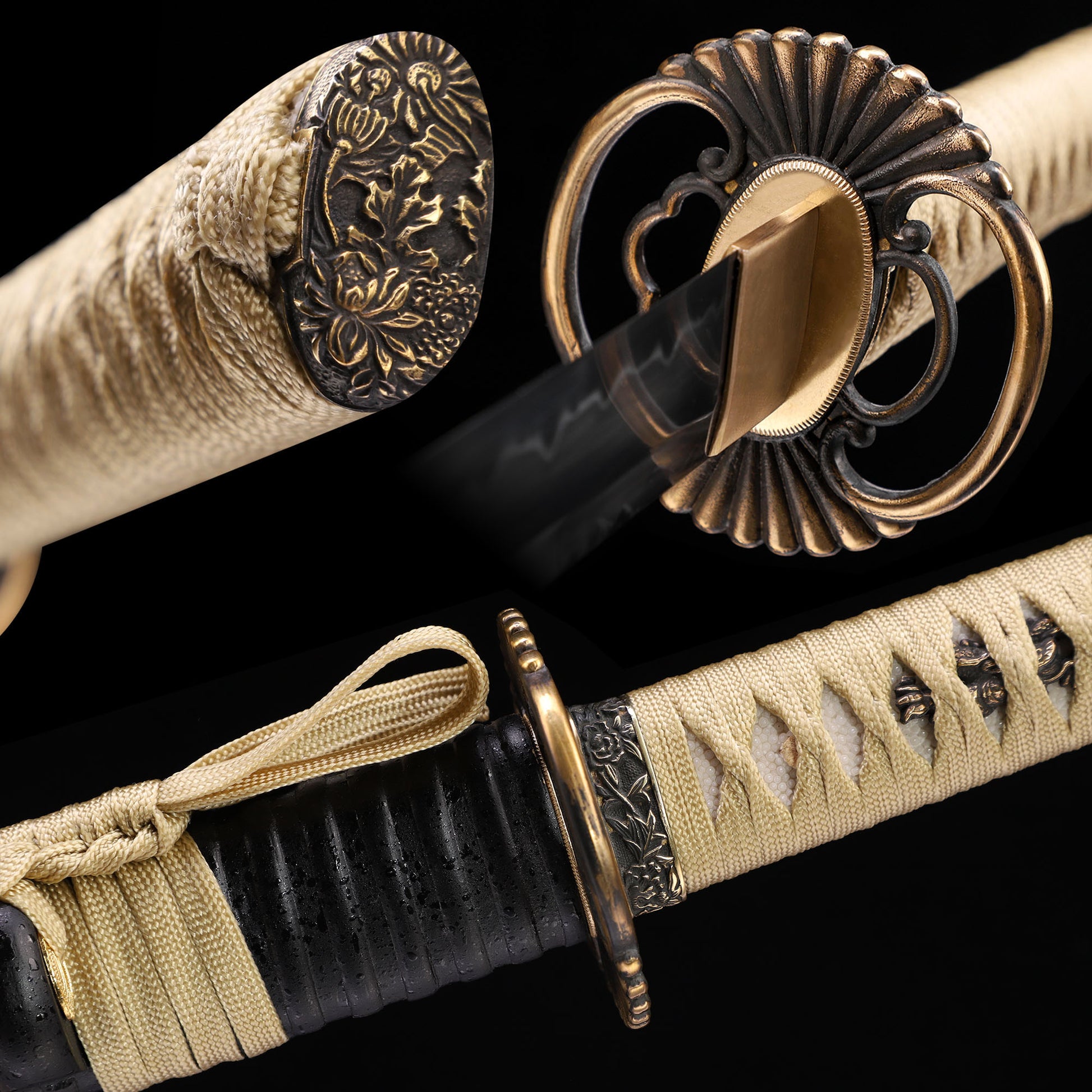 T10 steel double hamon katana tsuba close-up - hand guard and habaki detail