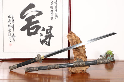 Full Wrapped Black Ray Skin Peony Scroll Vintage Copper Fittings Sword