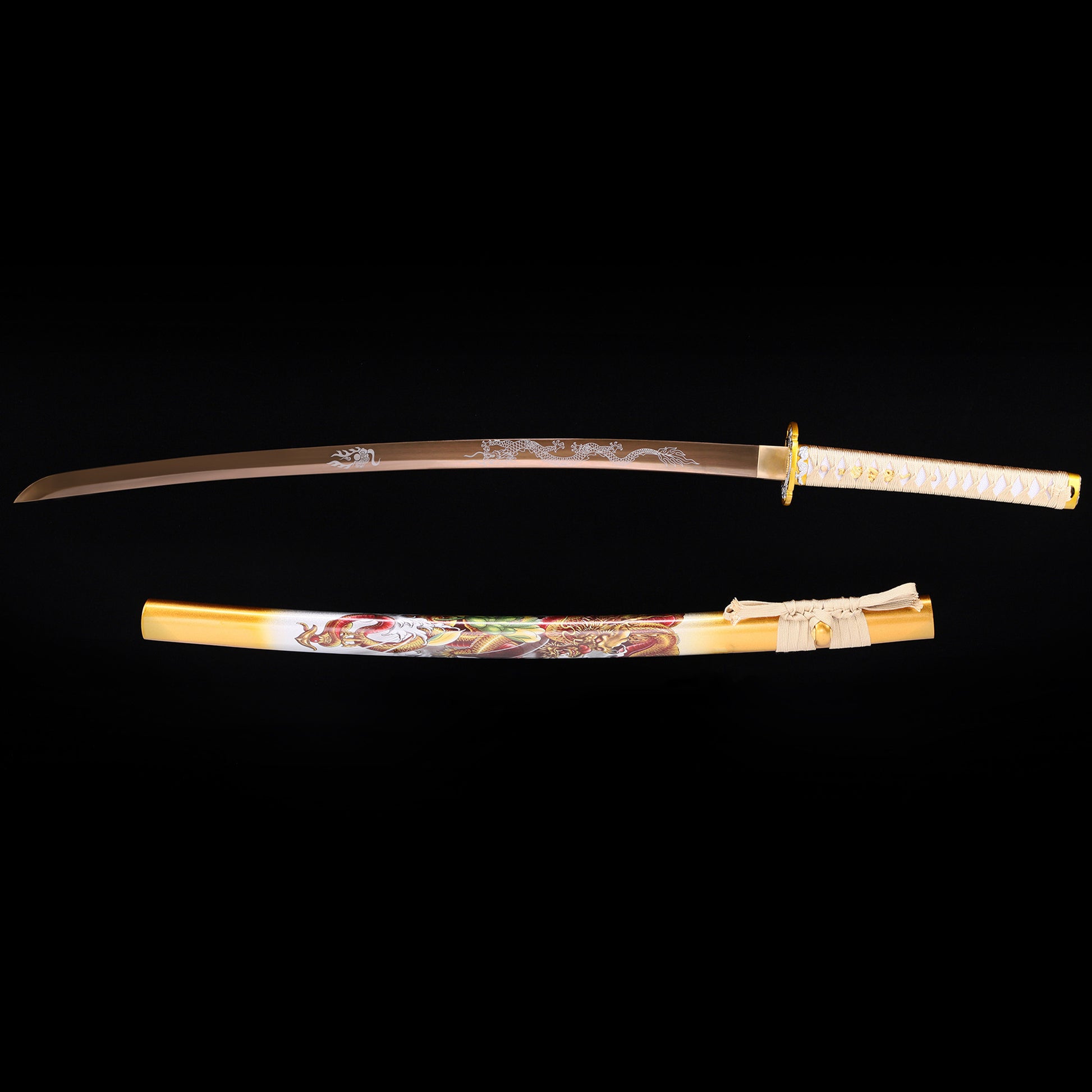 Golden Dragon Japanese samurai katana with saya scabbard - full set view