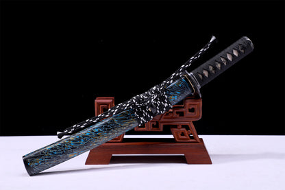 Blue Pattern R lacquer Saya Silver Inlaid Iron Fittings Full Tang Katana