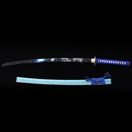 Light Blue Dragon katana with saya scabbard - full set view