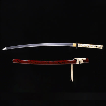 Japanese Samurai Katana, Red-Black Lacquered Wooden Saya