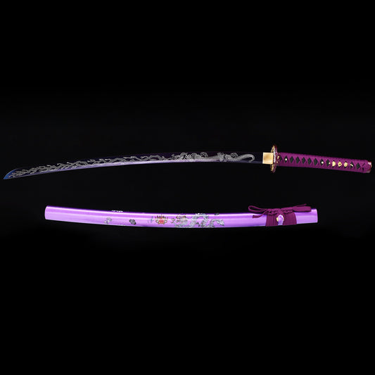 Purple Dragon Japanese samurai katana with saya scabbard - full set view