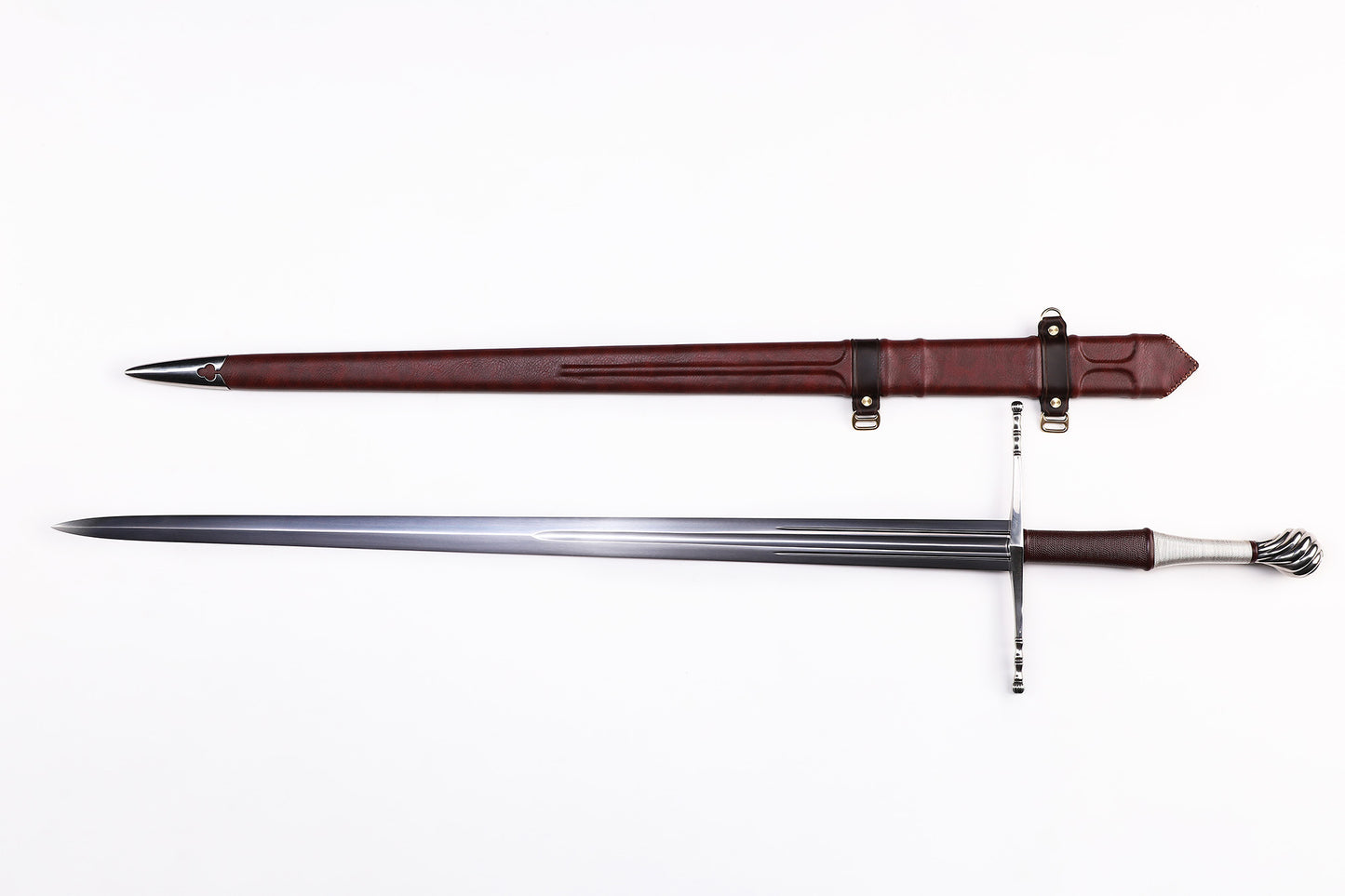 Medieval European Two Handed Sword, Vintage Crossguard Twisted Pommel Leather Scabbard
