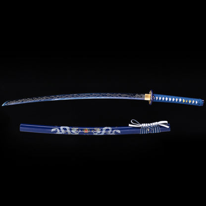 Blue Dragon Japanese samurai katana with saya scabbard - full set view