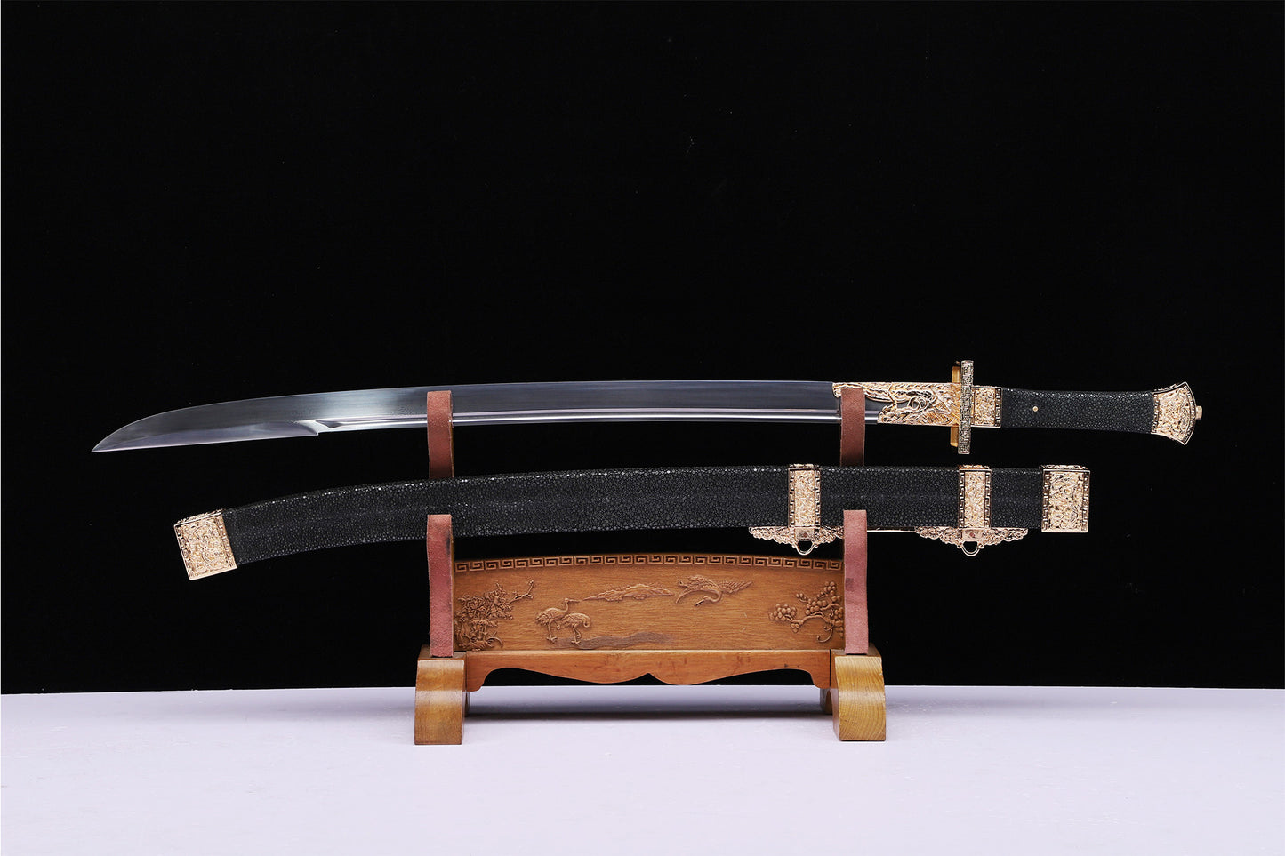 Qing Dynasty Fish Head Dao,  Genuine Ray Skin Saya Gold Plated Copper Fittings  Sword