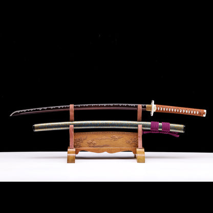 Color treated blade katana full length view - Japanese samurai sword full tang