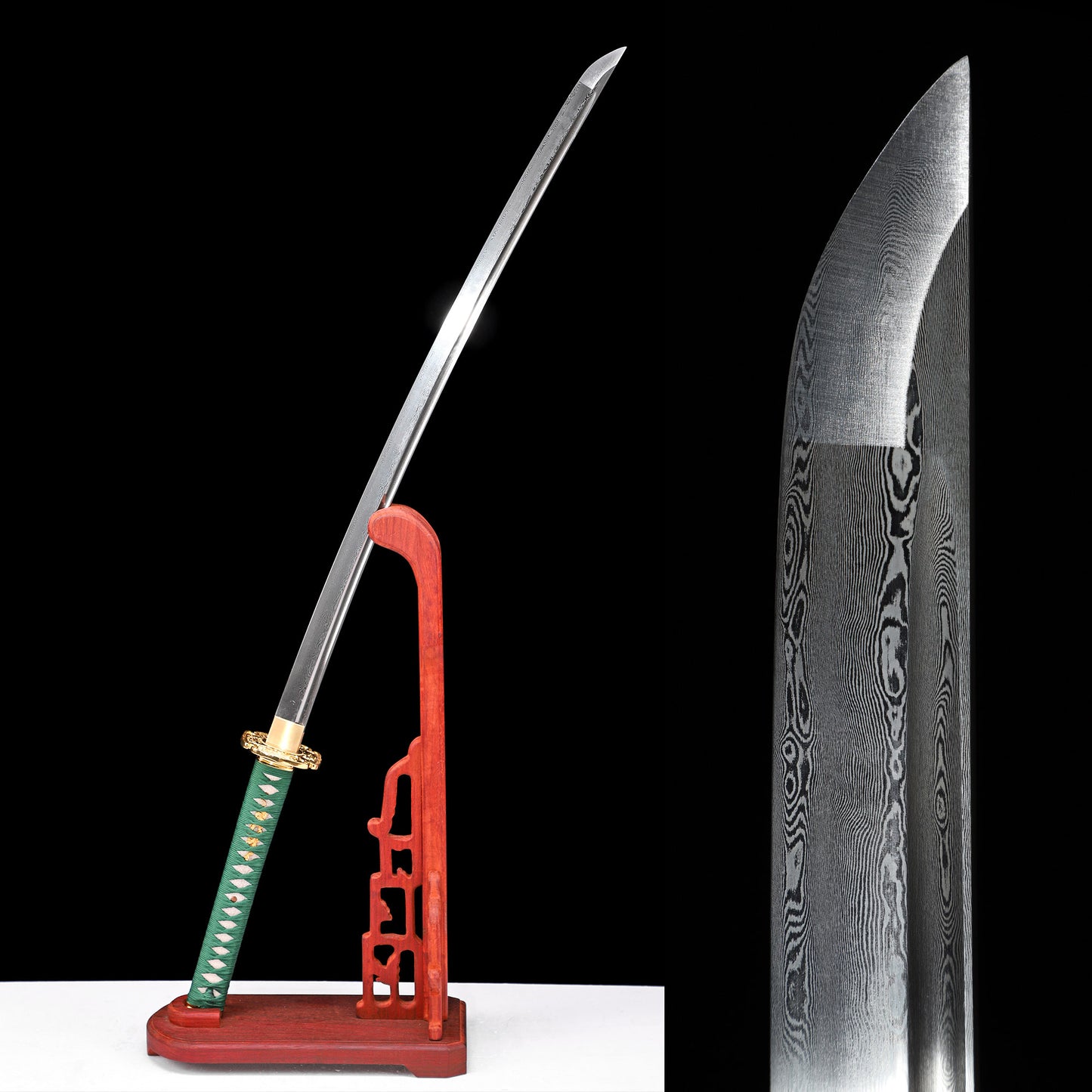 Pattern Steel Katana with Green Handle & Red Saya