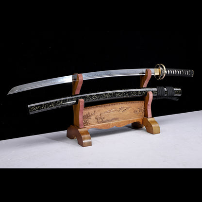 Layered Damascus Steel Hand Forged Katana, Black Gold Glitter Lacquer Saya
