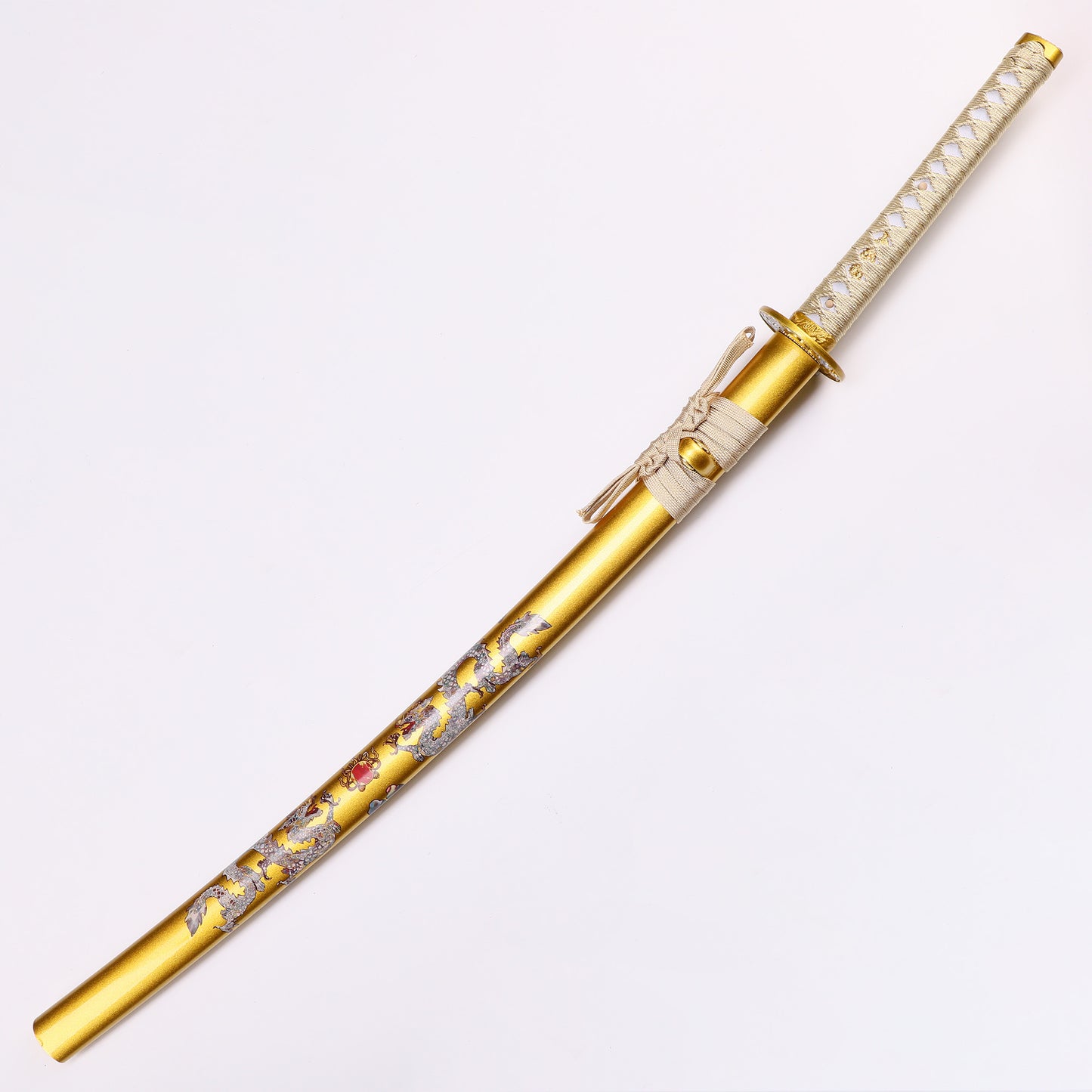 Golden Dragon katana angled view - blade curvature and dragon engraving showcase