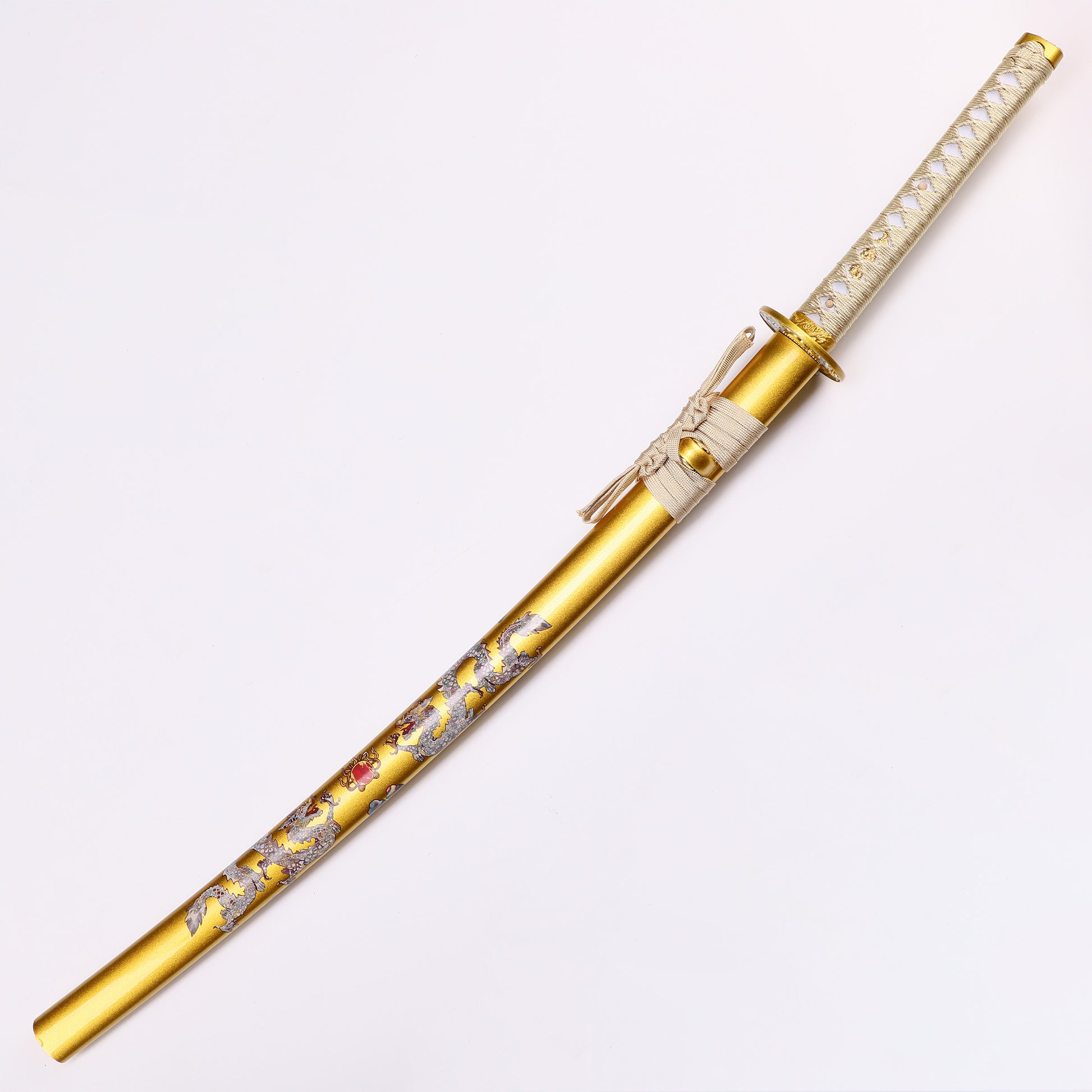 Golden Dragon katana angled view - blade curvature and dragon engraving showcase