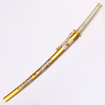 Golden Dragon katana angled view - blade curvature and dragon engraving showcase