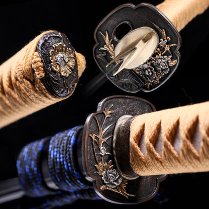 Multi layer pattern steel katana tsuba close-up - hand guard and habaki detail