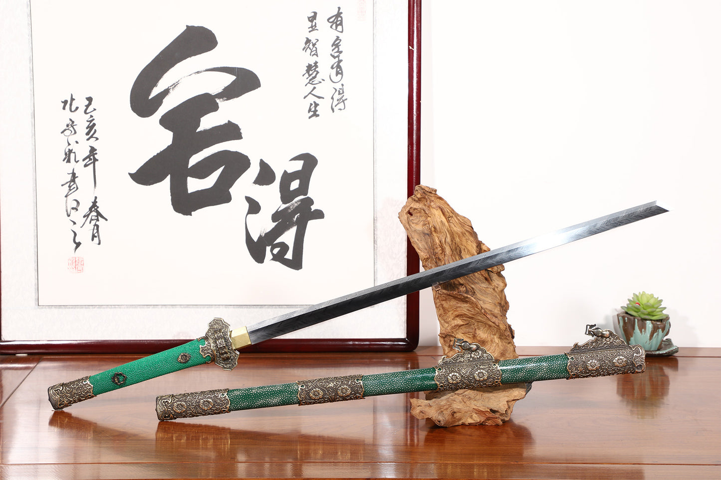 Emerald Green Genuine Ray Skin Scroll Floral Vintage Copper Fittings Sword