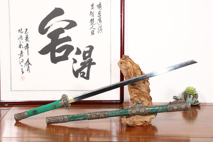 Emerald Green Genuine Ray Skin Scroll Floral Vintage Copper Fittings Sword