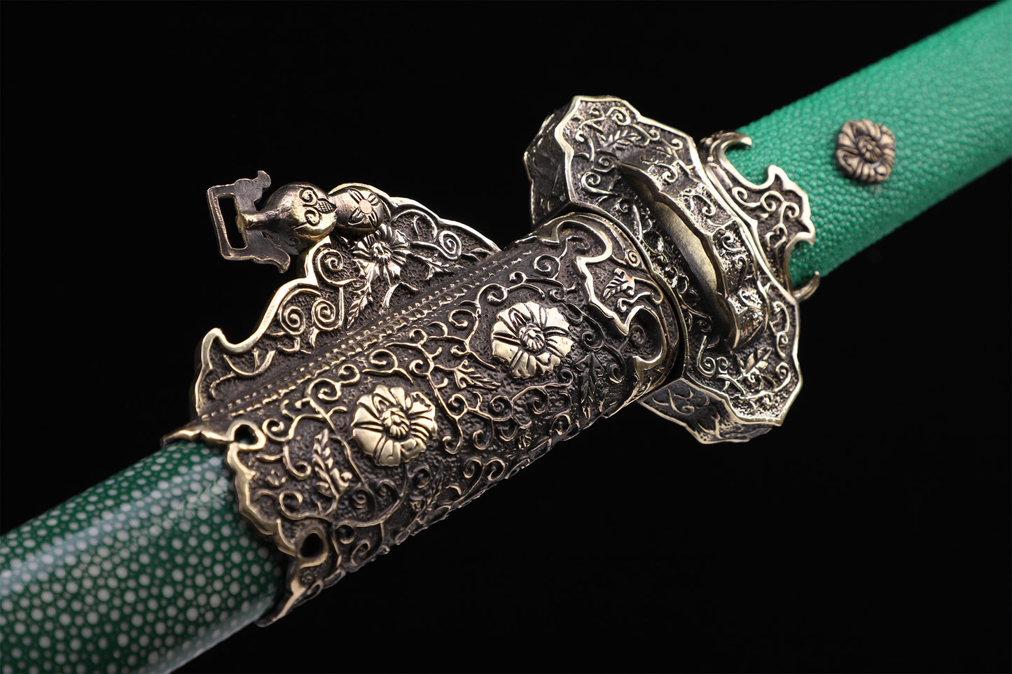 Emerald Green Genuine Ray Skin Vintage Engraved Copper Fittings Tang Straight sword
