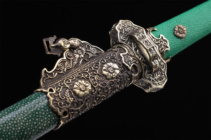 Emerald Green Genuine Ray Skin Vintage Engraved Copper Fittings Tang Straight sword