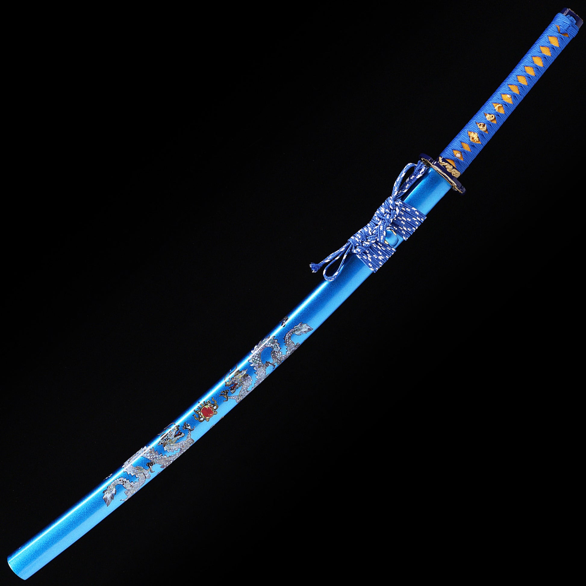 Blue Dragon katana angled view - blade curvature and dragon engraving showcase