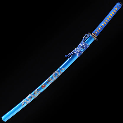 Blue Dragon katana angled view - blade curvature and dragon engraving showcase