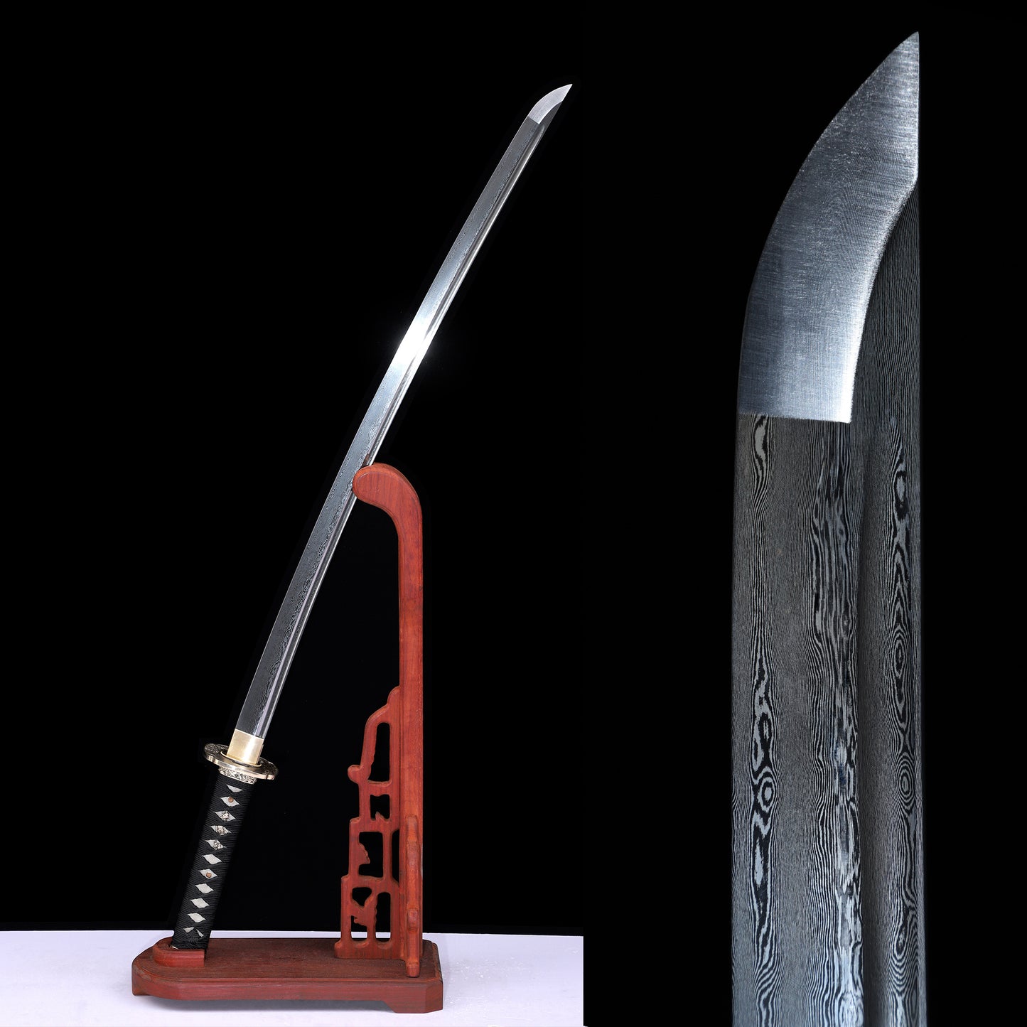 Damascus Steel Oil-Quenched Katana, Black Speckled Lacquer Saya