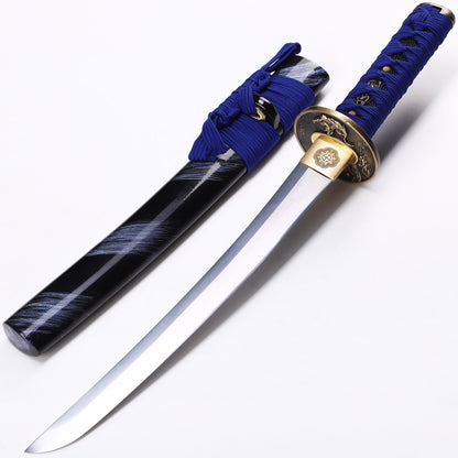 Blue handle black pattern tanto side profile - full tang steel blade black saya