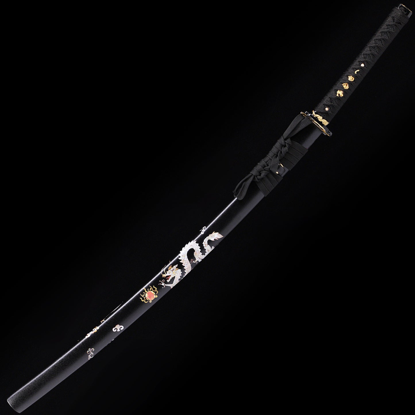 Black Dragon katana angled view - blade curvature and dragon engraving showcase