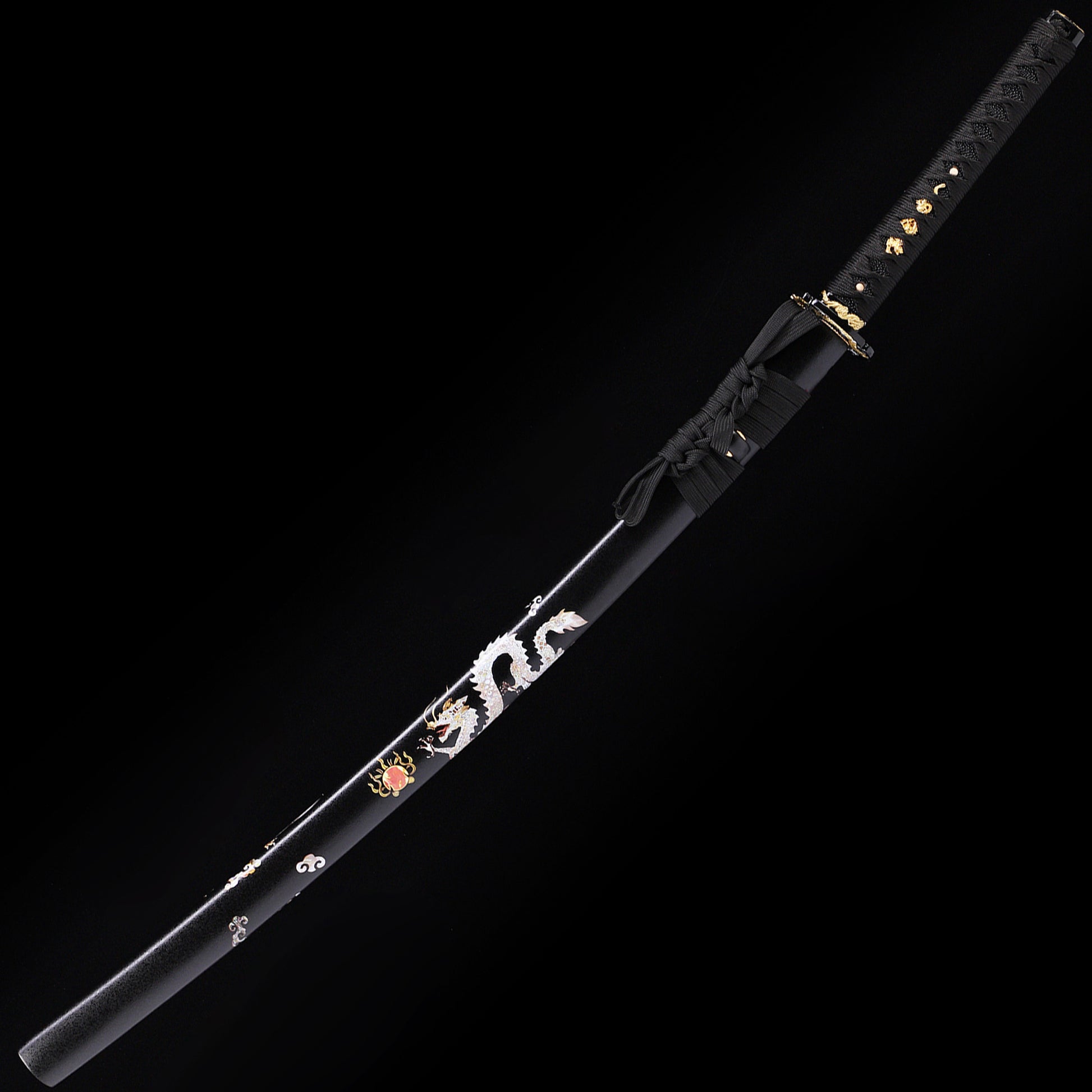 Black Dragon katana angled view - blade curvature and dragon engraving showcase