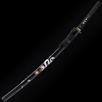 Black Dragon katana angled view - blade curvature and dragon engraving showcase