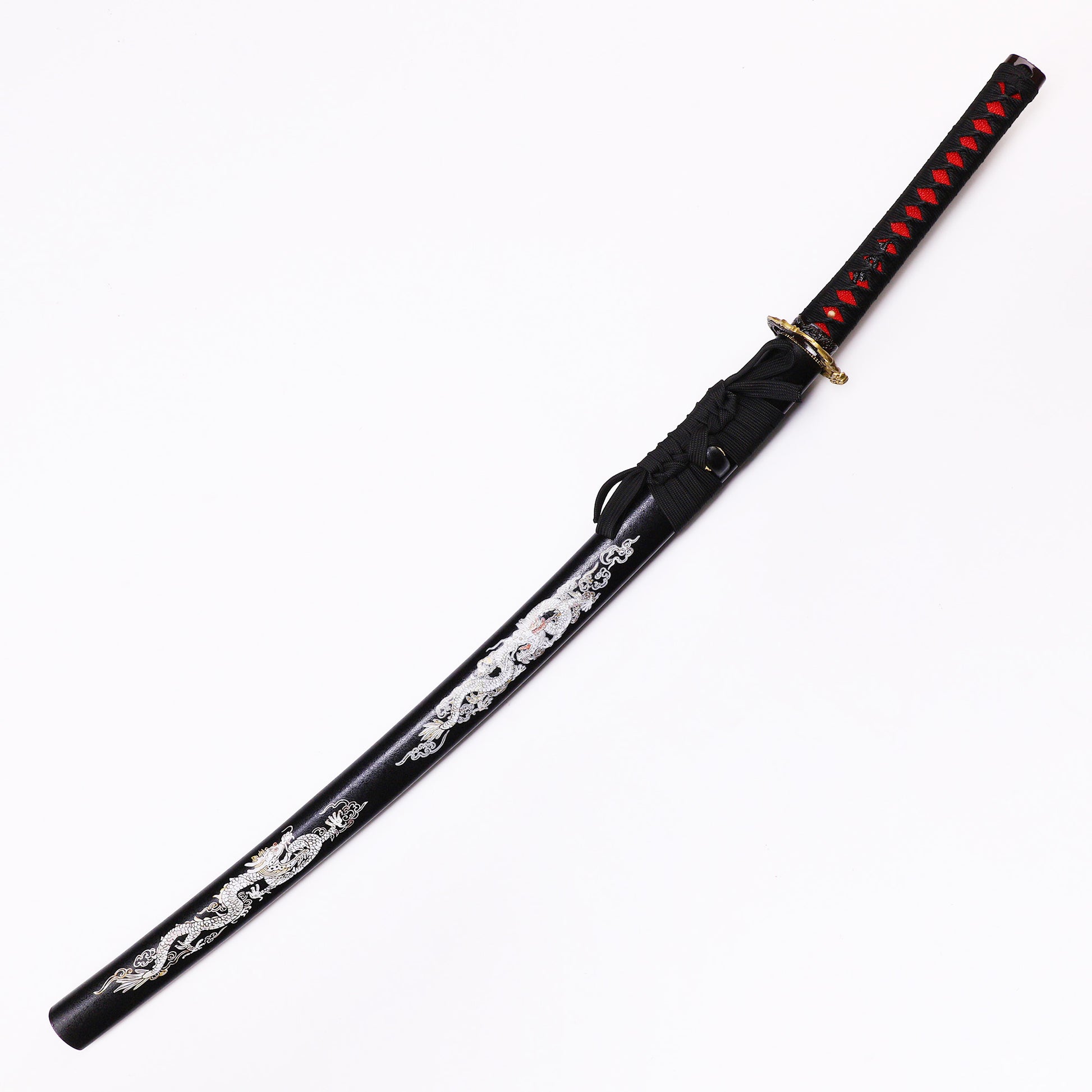 Blue Black Dragon katana angled view - blade curvature and dragon engraving showcase