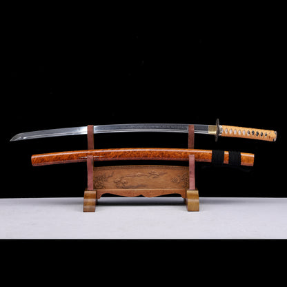 Damascus Steel Engraved Blade Katana, Burl Wood Grain Lacquer Saya