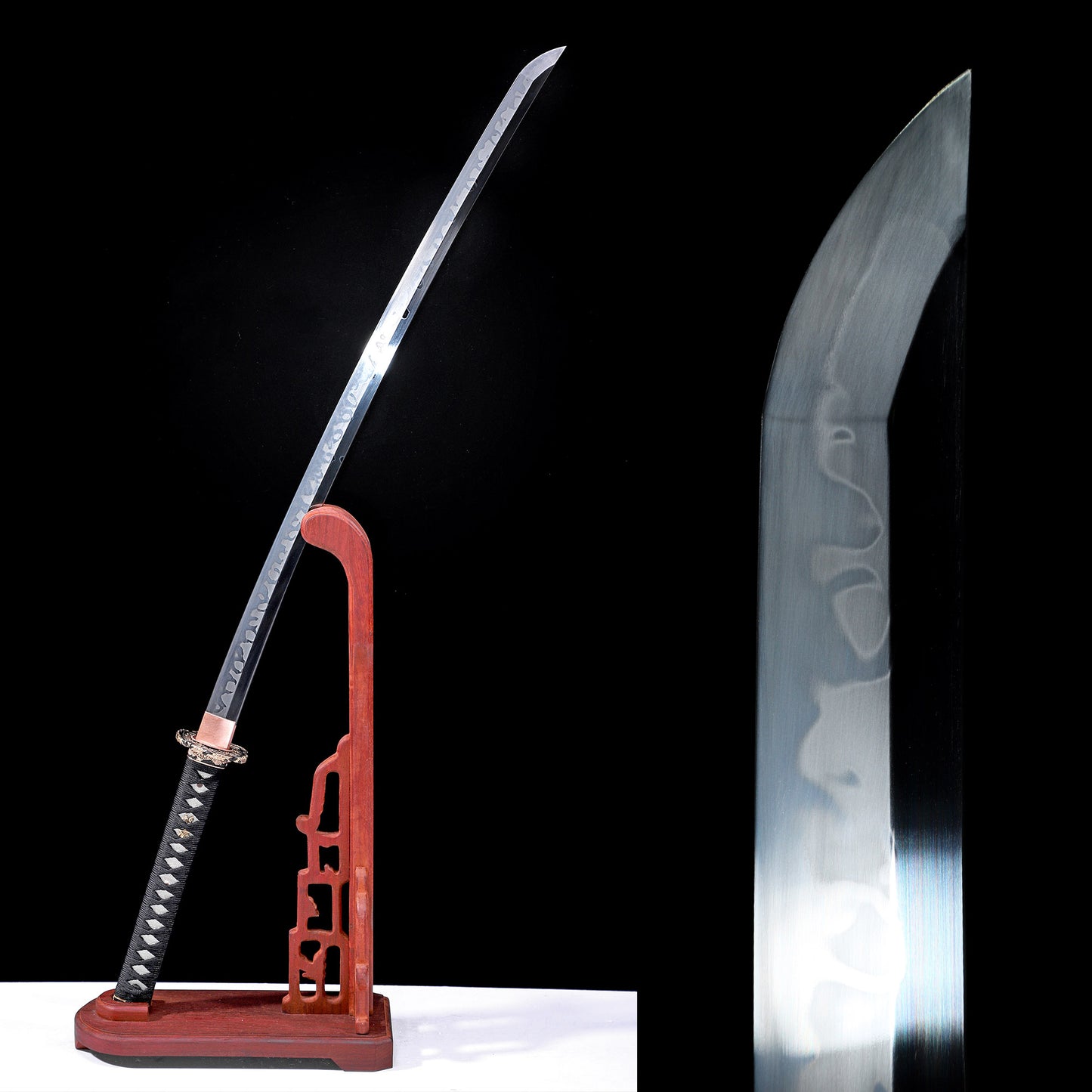 Fish skin katana blade close-up - razor sharp steel edge and hamon detail