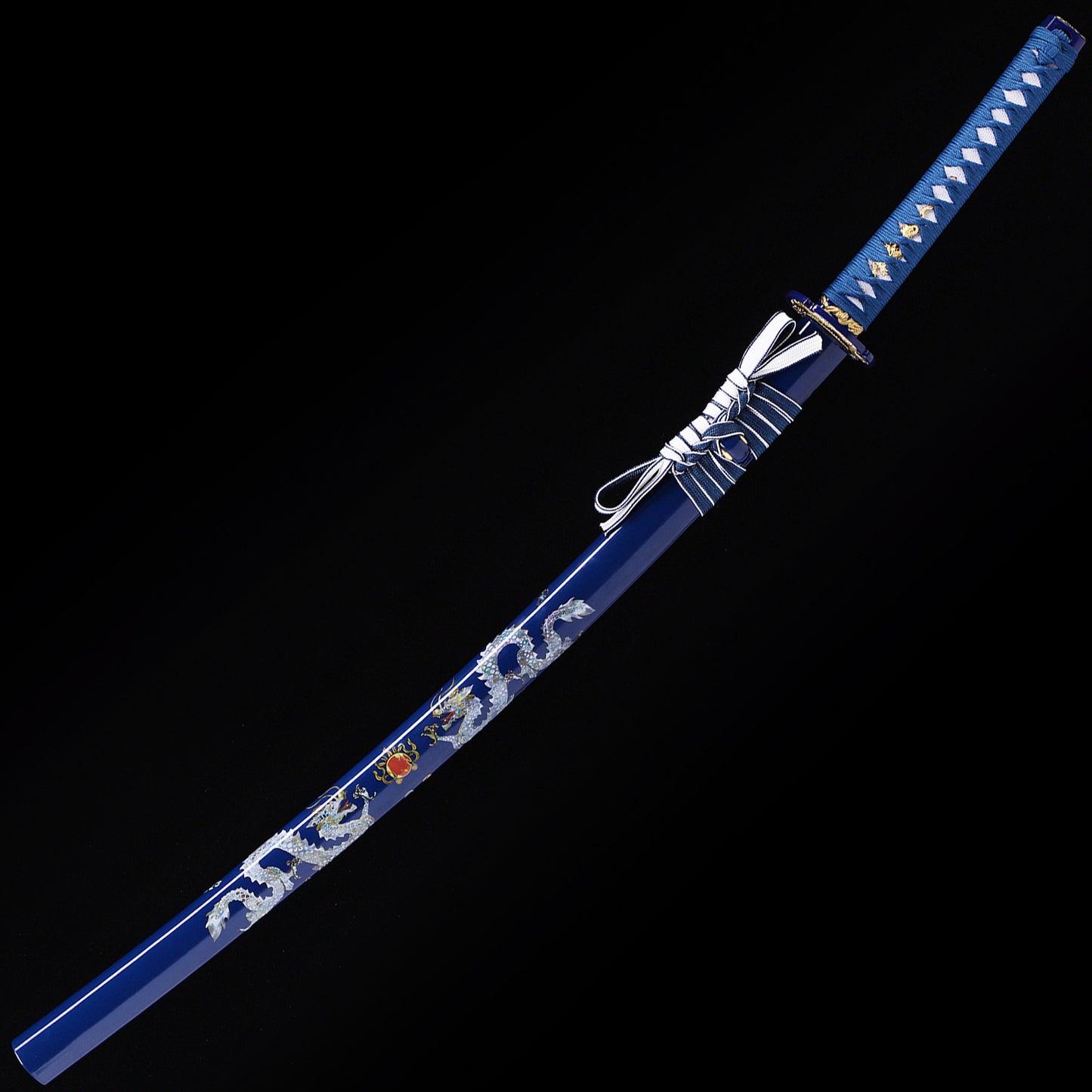 Blue Dragon katana angled view - blade curvature and dragon engraving showcase