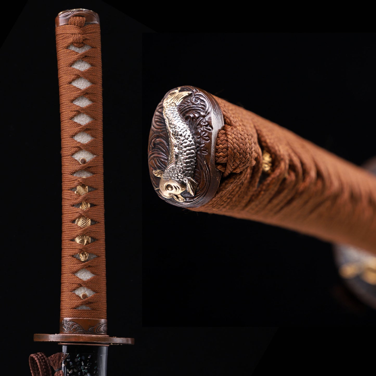 Sanmai-Gumi Clay Tempered Katana, Koi Fish Relief Gold Silver Plated Copper Fittings